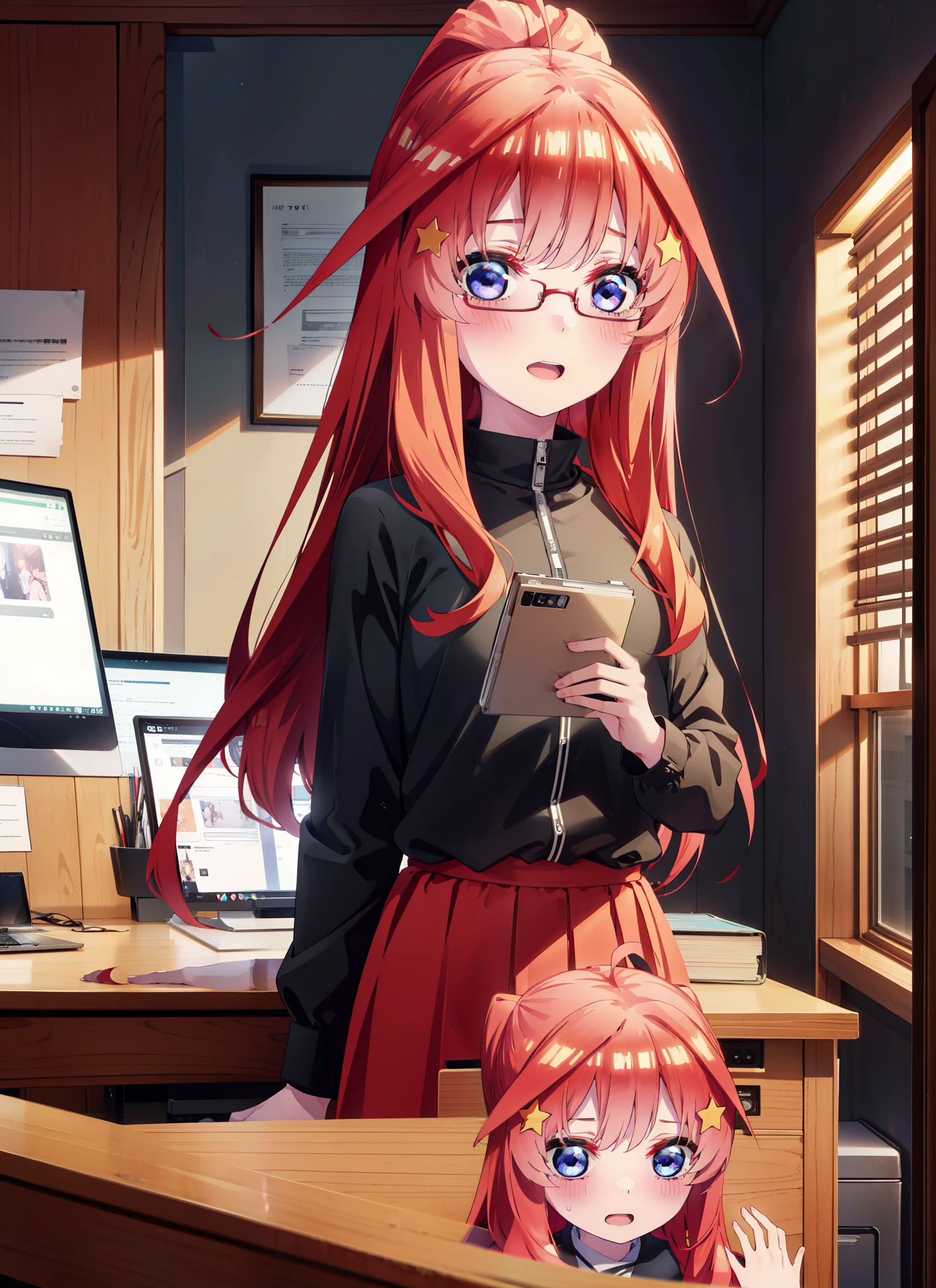 itsukinakano, itsuki nakano, bangs, blue eyes, Hair between the eyes, Ahoge, Redhead, star \(symbol\), hair ornaments, star hair ornaments,smile,blush,Open your mouth,ponytail,Red-rimmed glasses,Cold Shoulder Shirt,Long skirt,Black pantyhose,pumps,Walking,There is a computer on the table,interior,Chair,whole bodyがイラストに入るように,
break indoors, office,
break looking at viewer, whole body,
break (masterpiece:1.2), Highest quality, High resolution, unity 8k wallpaper, (figure:0.8), (Beautiful attention to detail:1.6), Highly detailed face, Perfect lighting, Highly detailed CG, (Perfect hands, Perfect Anatomy),
