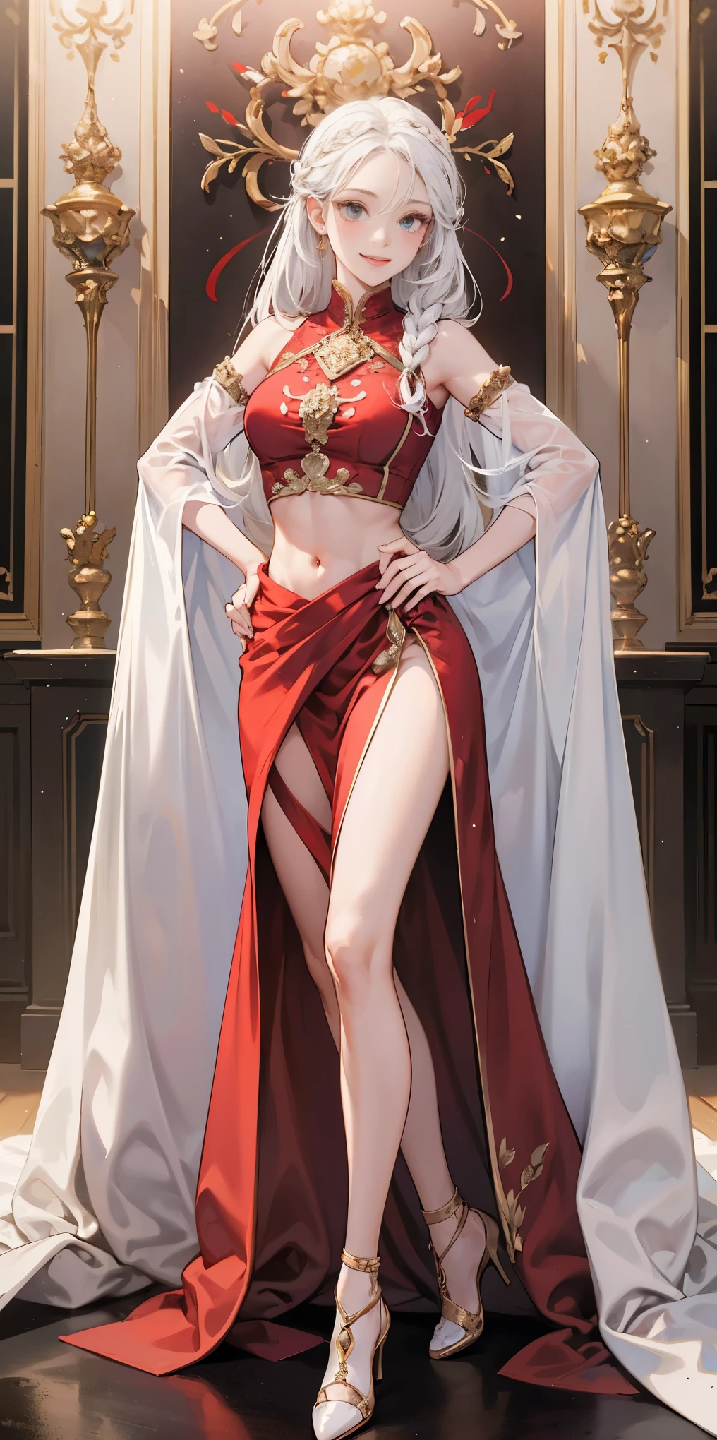 (masterpiece, best quality), intricate details, 1girl, Bridesmaid Muscular full body woman White hair White braid Motherly body smile Porcelain skin Red heels with feet together Long hair Hands on waist Navel Strong abs Direct look Perfect lighting Masterpiece High quality