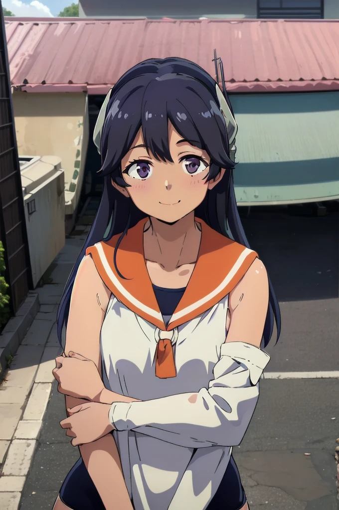 One girl, alone, Upper Body, In-person audience, View your viewers, smile, I400KC, Long Hair, White shirt, No sleeve,One piece swimsuit, Bare arms, No sleeve shirt, headgear, School Swimsuit, Sunburn, Sunburnlines, Wear a swimsuit under your clothes, Sailor shirt, Orange sailor collar