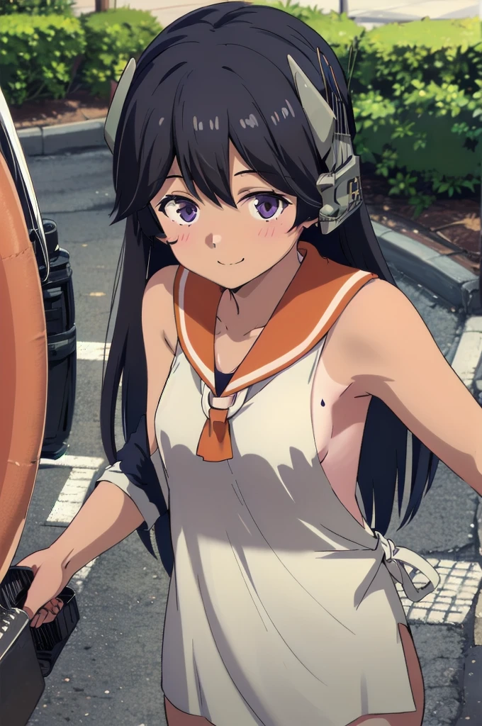 One girl, alone, Upper Body, In-person audience, View your viewers, smile, I400KC, Long Hair, White shirt, No sleeve,One piece swimsuit, Bare arms, No sleeve shirt, headgear, School Swimsuit, Sunburn, Sunburnlines, Wear a swimsuit under your clothes, Sailor shirt, Orange sailor collar