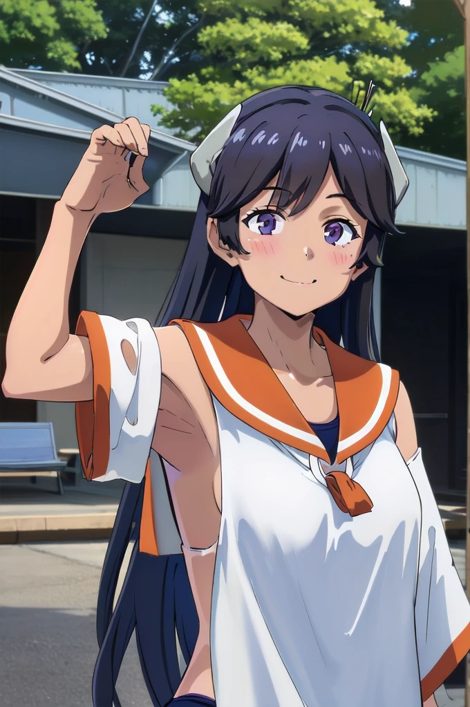 One girl, alone, Upper Body, In-person audience, View your viewers, smile, I400KC, Long Hair, White shirt, No sleeve,One piece swimsuit, Bare arms, No sleeve shirt, headgear, School Swimsuit, Sunburn, Sunburnlines, Wear a swimsuit under your clothes, Sailor shirt, Orange sailor collar