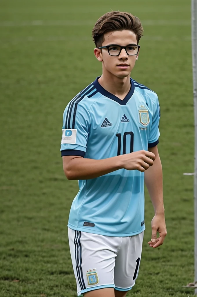 A boy is standing a Field wearing Argentina 2023 number 10 jersey. He has glasses. He is 18 years old.His hair is no style.