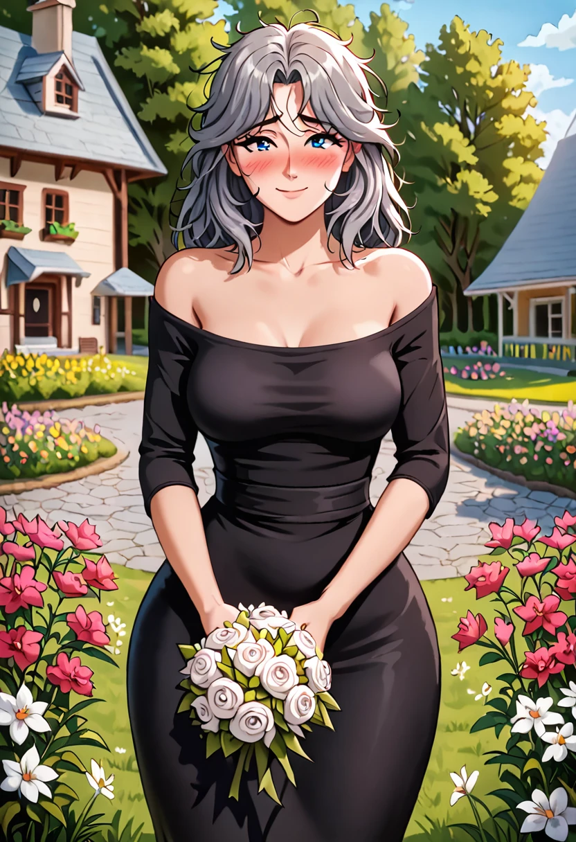 Medium round breasts, (1 mature Girl), ((light black color hair: 5.2, long straight style, messy bangs)), blue eyes, double eyelids, light effect on the eyes, wide hips, black off-the-shoulder skirt dress , stylish, beautiful smile, shy, blush on cheeks, ((sexy body)), solo, best quality, masterpiece, portrait, flirting with viewer, sensual pose, detailed, perfect anatomy, detailed art, high definition, 4k , high resolution, garden, grass, holding bouquet of flowers, house