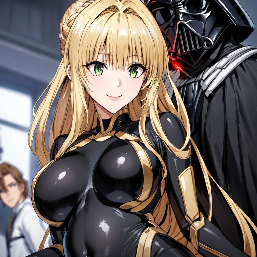 ((Highest quality)), ((masterpiece)), (detailed), （Perfect Face）、The woman is a Stormtrooper named Tiare, with green eyes, medium blonde hair, and a Princess Leia hairstyle. She is wearing a gorgeous black Stormtrooper bodysuit with gold patterns and trim, and a gorgeous black cape.、The woman is being held by Darth Vader and smiling gently at him.、the woman is pregnant