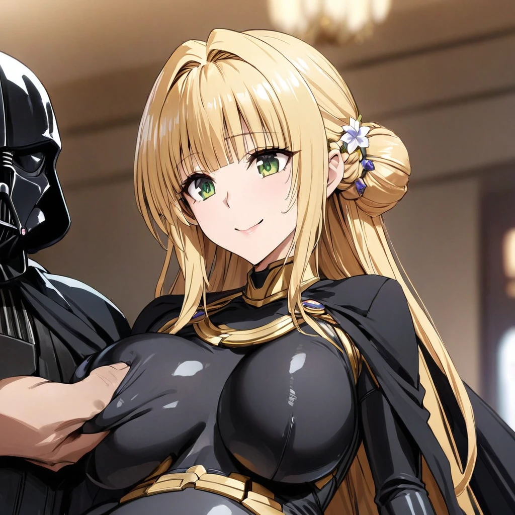 ((Highest quality)), ((masterpiece)), (detailed), (Perfect Face)、The woman is a Stormtrooper named Tiare, with green eyes, medium blonde hair, and a Princess Leia hairstyle. She is wearing a gorgeous black Stormtrooper bodysuit with gold patterns and trim, and a gorgeous black cape.、The woman is being held by Darth Vader and smiling gently at him.、the woman is pregnant