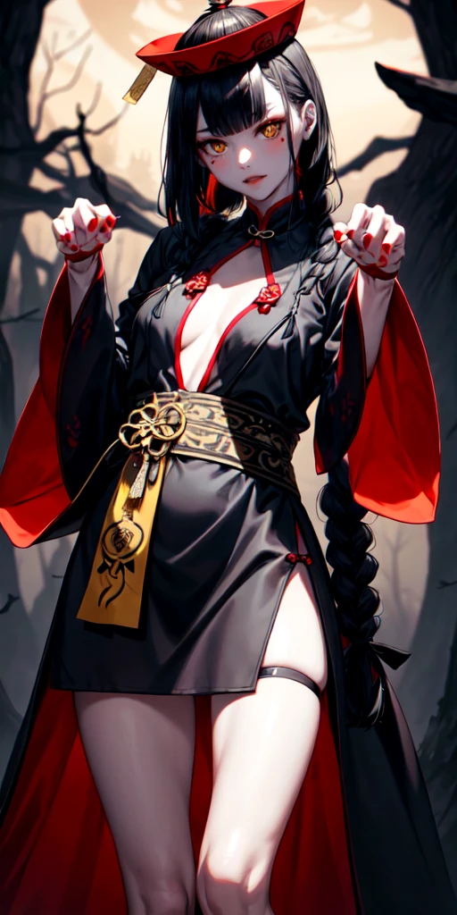 lora:flat:-1.2, masterpiece, best quality, 4k, 8k, 1 woman, solo, tall stature, long hair, blunt bangs, side braid, black hair, ugly face, bad face, bad eyes, droopy eyes, unclear eyes, ruby red eyes, lemon yellow eyes, pale skin, black eyeliner, black eye shadow, heterochromia, slender frame, sad, ofuda, jiangshi costume:1.2, fang, horror, coffin, forest, dark night, stormy weather, fog, from front, cowboy shot, look at viewer, paw pose,