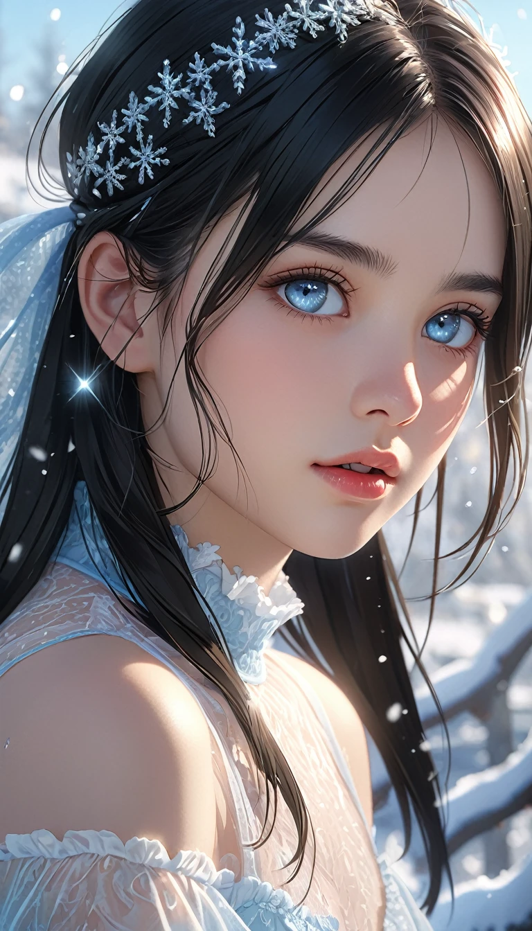 (((masterpiece))),best quality,illustration,8k wallpaper,UHD,high details,highres,16k,high quality,super detail,textured skin,accurate,anatomically correct,award winning,movie lighting,(medium shot),(upper body shotabsurd),1 girl,(ice),in winter,(pale blue eyes),longeyelashes,pupils sparkling,(black hair),shiny hair,medium hair style,(straight hair),transparent clothes,frills,lace,(white dress),leave_Shoulder,hair tie,telephoto lens,absurd,Exquisite face,features,natural light,soft light,(Seven-part combination),epic,Dreamy and magical,mystery,
