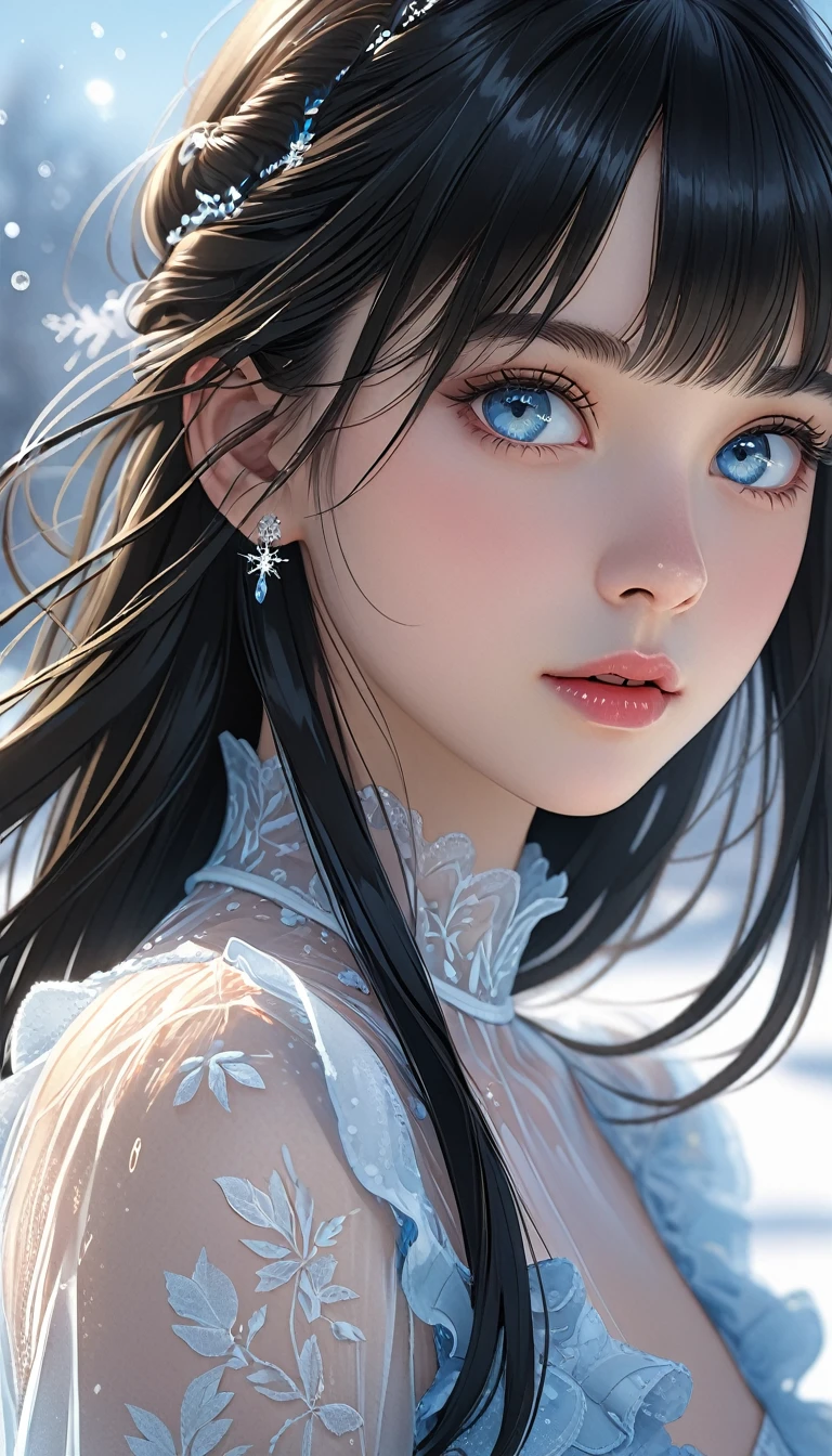 (((masterpiece))),best quality,illustration,8k wallpaper,UHD,high details,highres,16k,high quality,super detail,textured skin,accurate,anatomically correct,award winning,movie lighting,(medium shot),(upper body shotabsurd),1 girl,(ice),in winter,(pale blue eyes),longeyelashes,pupils sparkling,(black hair),shiny hair,medium hair style,(straight hair),transparent clothes,frills,lace,(white dress),leave_Shoulder,hair tie,telephoto lens,absurd,Exquisite face,features,natural light,soft light,(Seven-part combination),epic,Dreamy and magical,mystery,