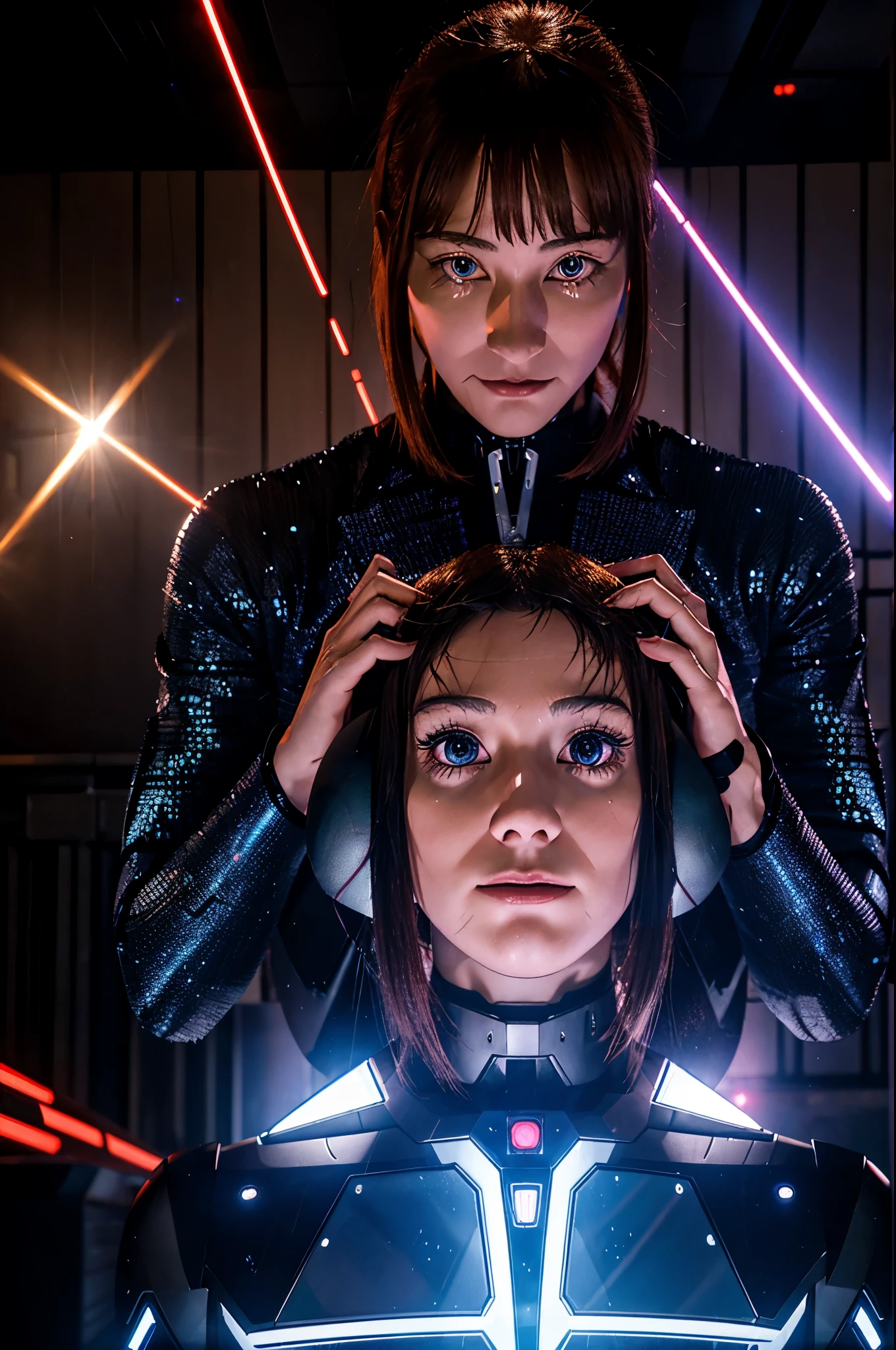 generate me a robot man of 4,50 mètres qui tire des rayons lasers avec ses yeux et qui est faible mais très résistant et qui peut voir des visions du futur
