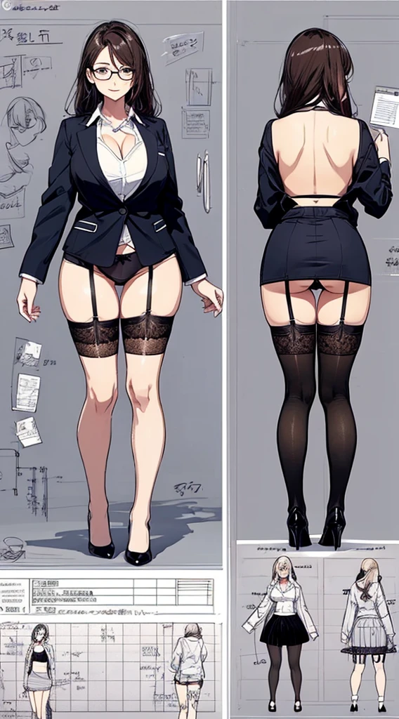 girl, alone, whole body, From head to toe, Are standing, (Huge Saggy Tits:1.3),

Character design sheet, Character Reference Sheet, 設計図のSchematic, Drafting, Blueprint, Schematic,
((Character design sheet:1.7, Character Reference Sheet:1.7,)),

anime/cartoon character wearing a girls , 1girl, alone, ,Mature Woman,Cleavage,Long sleeve,Collared shirt,White shirt,,(Tight Skirt),((garter belt)),(High heels),Skirt Suit,mini skirt,office lady,Long Hair, bow, ,  (Very short skirt:1.4), (lingerie:1.5),secretary,Thin glasses, (In underwear:1.8),nsfw,Full nudity、