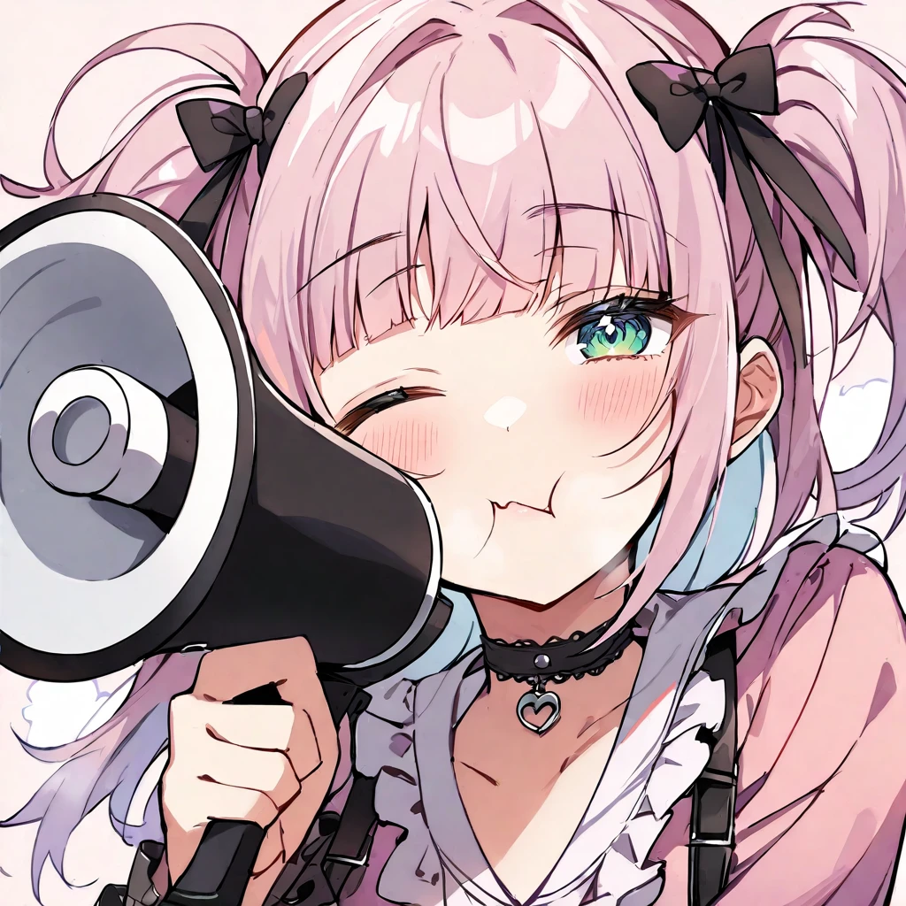 Top quality, masterpiece, chibi character, peal purple and blunt bangs hair, twin braids, green eyes, mouth wide open and screaming, blushing, smilng,fangs,(a girl with closs hair pin,
pink shirt,cosplay, jirai kei, bangs, black skirt, black bow, looking at viewer, bow, long sleeves, choker, ribbon,portrait  shot :1.4),A girl takes a deep breath with her eyes closed, holding a megaphone in one hand,