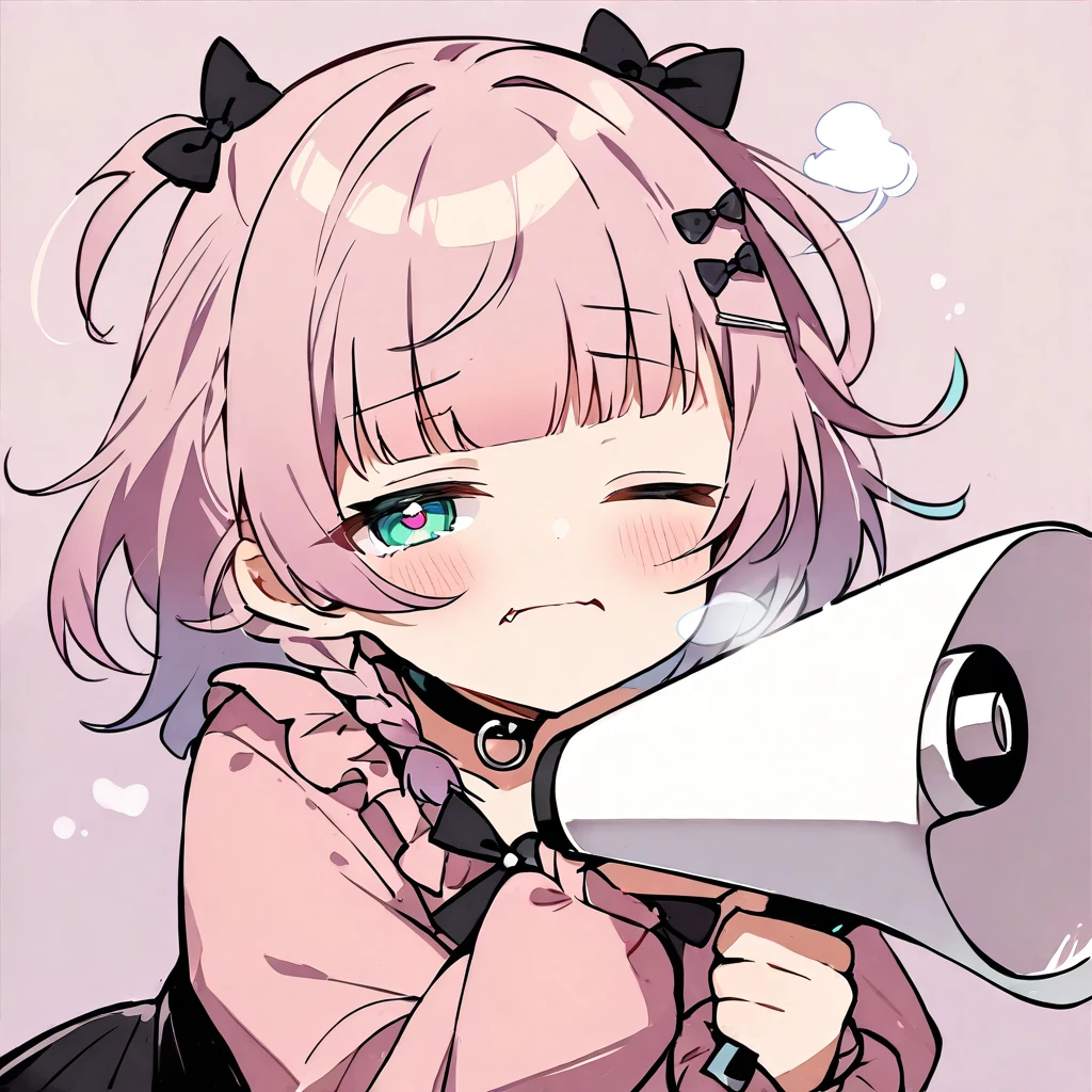 Top quality, masterpiece, chibi character, peal purple and blunt bangs hair, twin braids, green eyes, mouth wide open and screaming, blushing, smilng,fangs,(a girl with closs hair pin,
pink shirt,cosplay, jirai kei, bangs, black skirt, black bow, looking at viewer, bow, long sleeves, choker, ribbon,portrait shot :1.4),A girl takes a deep breath with her eyes closed, holding a megaphone in one hand,