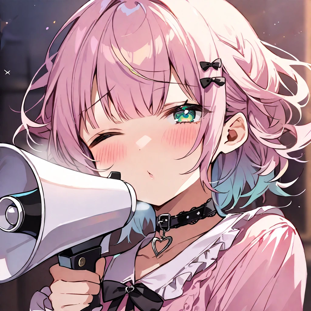 Top quality, masterpiece, chibi character, peal purple and blunt bangs hair, twin braids, green eyes, mouth wide open and screaming, blushing, smilng,fangs,(a girl with closs hair pin,
pink shirt,cosplay, jirai kei, bangs, black skirt, black bow, looking at viewer, bow, long sleeves, choker, ribbon,portrait shot :1.4),A girl takes a deep breath with her eyes closed, holding a megaphone in one hand,