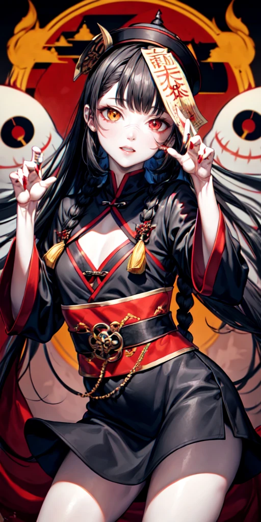 lora:flat:-1.2, masterpiece, best quality, 4k, 8k, 1 woman, solo, tall stature, long hair, blunt bangs, side braid, black hair, ugly face, bad face, bad eyes, droopy eyes, unclear eyes, ruby red eyes, lemon yellow eyes, pale skin, black eyeliner, black eye shadow, heterochromia, slender frame, sad, ofuda, jiangshi costume:1.2, fang, horror, coffin, forest, dark night, stormy weather, fog, from front, cowboy shot, look at viewer, paw pose,