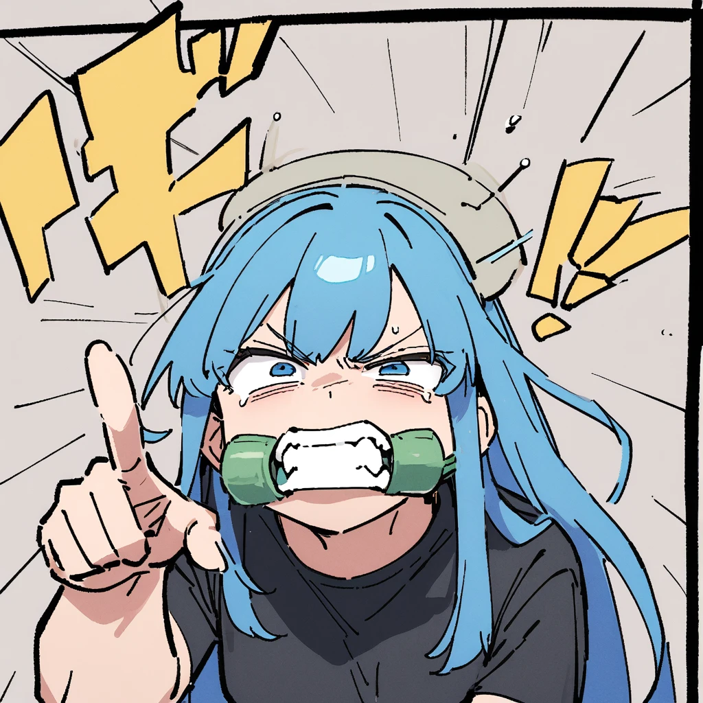 、girl、Blue Hair、Pointing a finger and looking frustrated、regrettable、I'm gritting my teeth、newest、Gag Manga、Thick Coating、Beautiful paint、Clean lines