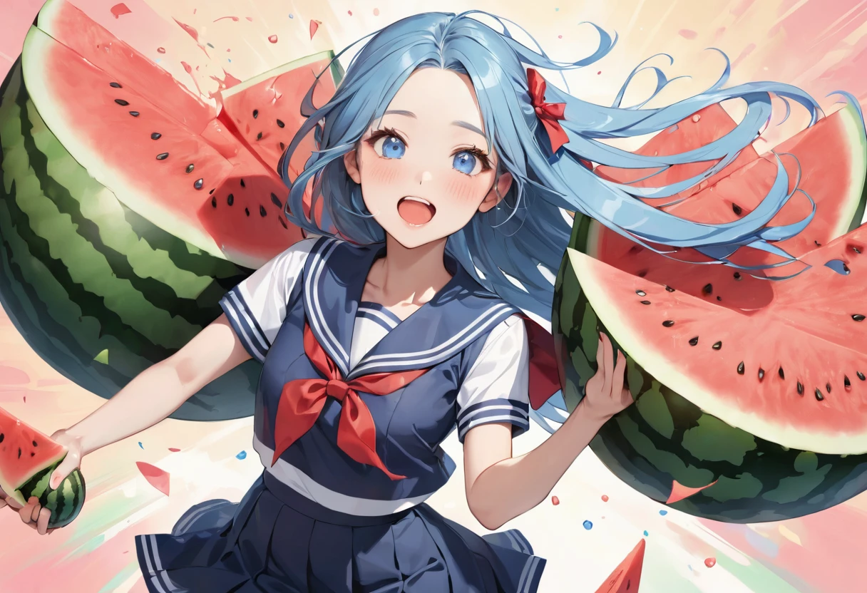 (Watermelon Smashing style), (eating watermelon), (solo:2, 15 yo, forehead:2 blue hair long hair lovely girl, lovely blue eyes, open cute mouth, glossy lip), (in a summer school sailor suit, skirt, red ribbon), hand holding a cut watermelon, break, in the watermelon festival, background biggest watermelon, BREAK, perfect anatomy, masterpiece, best quality, 16k, beautiful detailed grow, daydreaming expression.