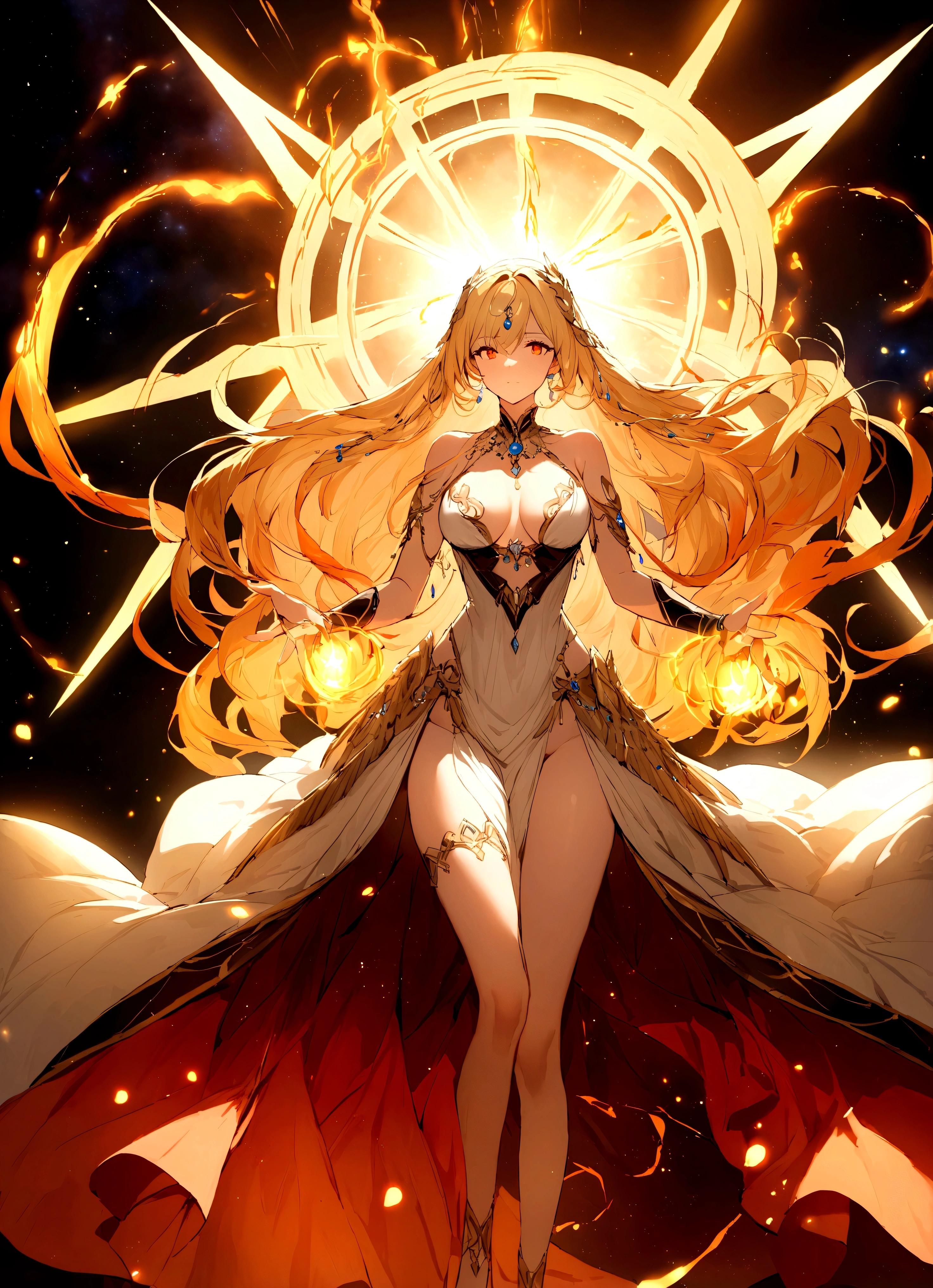 A masterpiece of exceptional quality,Beautiful woman in exquisite clothing, Majestic goddess,(Phoenix,Phoenix),Greek goddess,Fire Goddess,Star,Surrounded by floating rings,(magic energy), Galaxy Elements,heavenly atmosphere, Long blond hair, mystery