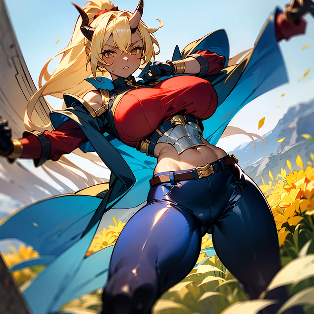 1girl, detailed ((blonde hair)), (gold eyes), ((big red horns)), {{dark skin}}, ({dark skinned female}), gigantic breasts, thick thighs, translucent blue veins on the body, strong abdominal muscles, strong leg muscles, strong arm muscles, ponytail hairstyle, wearing a blue coat with rolled up sleeves, steel belly heavy armor, leather pants, leather steel gloves, wide a leather belt with gold yarn walks through a flower meadow against the backdrop of distant high mountains,