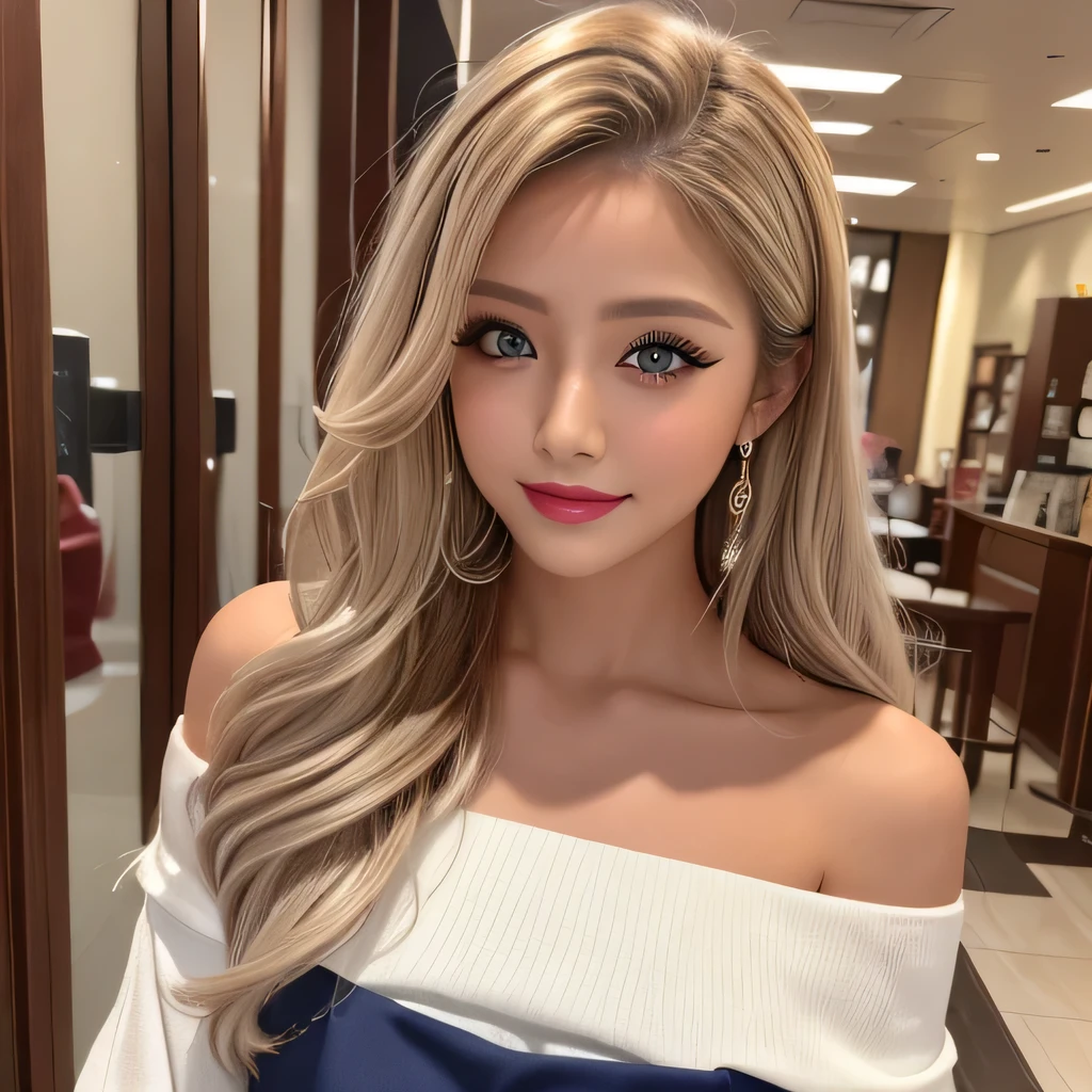 ((Highest quality, Tabletop, Ultra-high resolution、The most complex and detailed depiction))、(Very bright lighting:1.1)、(spring-like clothes)、(Beautiful woman:1.1)、(Long Wavy Hair:1.05), (Accurate anatomy:1.1)、Colored contact lenses、Perfect Makeup、、lipstick、Highly saturated eyeshadow、Loose off-the-shoulder knit、Short skirt、Blurred Background, Look at me and smile、Fine dining、(Face close-up:1.1)、(Ultra-high resolution gloss, Fair skin:1.1)、Ultra-high resolutionの顔、Ultra-high resolutionの髪、Ultra-high resolution sparkling eyes、Ultra-high resolution glossy lips、(Brightly lit white skin:1.1)、Beautiful face drawn in every detail、Ultra-high resolution perfect beautiful teeth、(Bright and vivid:1.1), whole body,bionde,Platinum Hair,Brown Hair,Sunburned skin、