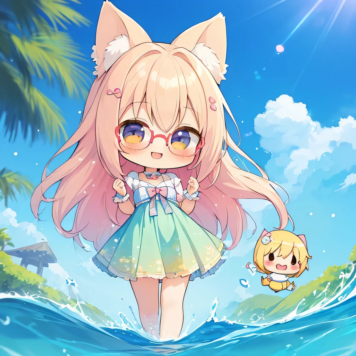 ((masterpiece)), ((best quality)), (ultra-detailed), ((kawaii)), cute, (lovely), illustration, anime style, (chibi:1.3), (Mysterious creature that is not human:1.2), Cute Mystery Creatures, solo, 1Mystery Creatures, (glasses), smiling, Mysterious appearance, Clear blue sky background.
