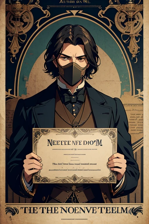 A Steampunk style poster from the Victorian era. Where is it written in English: "Believe in freedom, as we seek the truth!" With a man wearing a mask that covers his entire face.