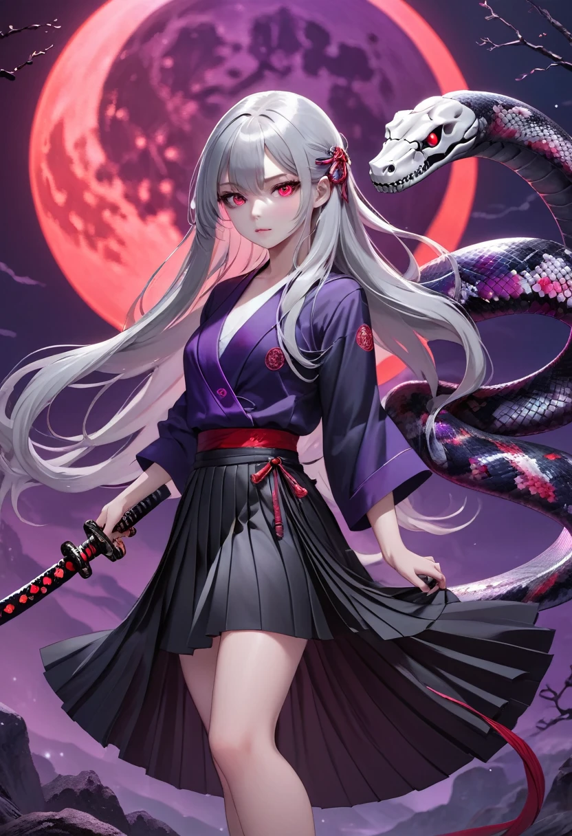 Flat style，Japanese anime style，(((1 beautiful girl，Silver long hair，Smooth skin，Black pleated skirt)))，Katana in hand，Elegant dynamic pose，Dynamic Blur，Red Moon，Dark purple tones，Mysterious and elegant atmosphere，(((Purple fluorescent python snake skeleton background)))