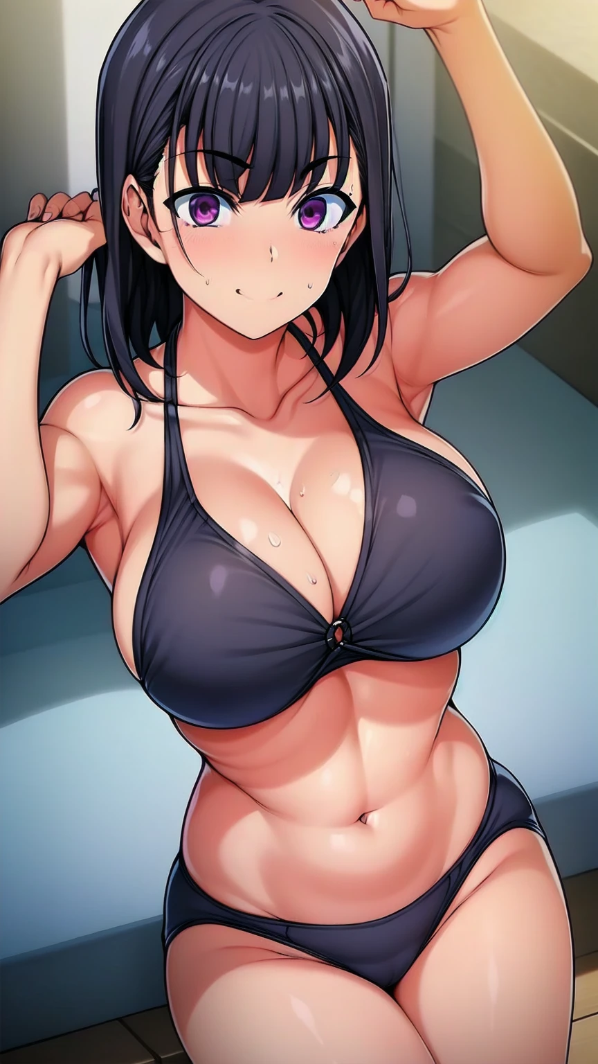 anime,Suguha Kirigaya,Viewed from the front,(Highly detailed face),1female,(orgasm,screaming,crying),sexy pose,short hair,(red nano bikini),breasts,covered nipples,slim body,slim waist,