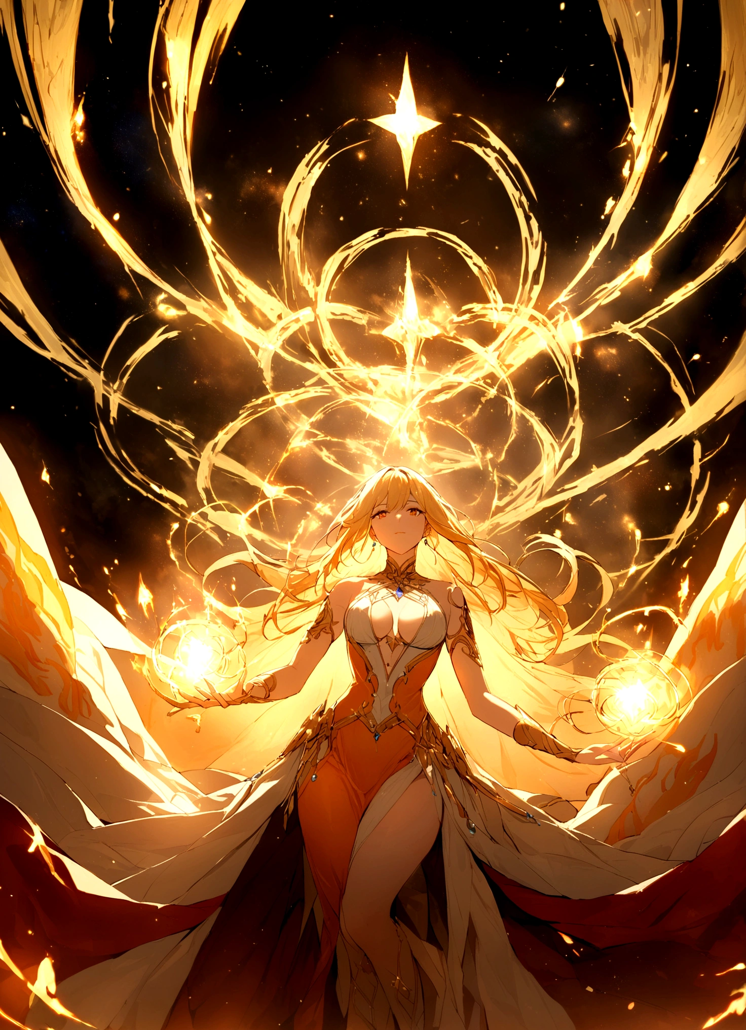 A masterpiece of exceptional quality,Beautiful woman in exquisite clothing, Majestic goddess,(Phoenix,Phoenix),Greek goddess,Fire Goddess,Star,Surrounded by floating rings,(magic energy), Galaxy Elements,heavenly atmosphere, Long blond hair, mystery