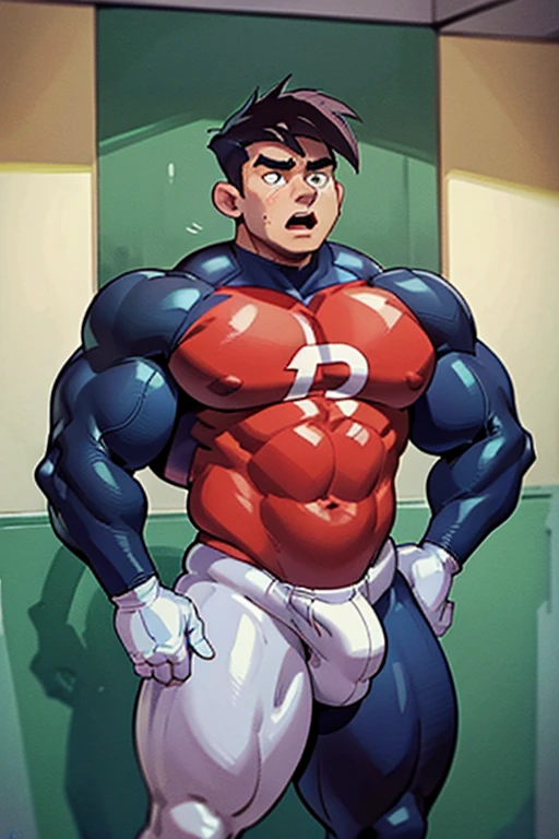 Danny Phantom and Dash Baxter, football stadium background, ghost, hypnosis, jock, conversion, locker room hallway, hyper muscles, jockstrap, bro, meathead, hypnotized, brainwashed, brainwashing, big dumb jock, football. Glowing blue eyes. Hyper crotch bulge. Massive bulging crotch. Big balls. Big biceps. Big triceps. Big traps. Broad shoulders. Big meaty pecs. Big thighs. Thick glutes. Hyper muscles. crew cut. Football team assimilation. Well endowed. Clothes turning into Casper High School football uniform. Danny Fenton looks shocked and gradually transitions to a dull vapid expression instead as his eyes glow. Fellow football players lay gloved hands on his shoulder pads. "Gah! What happened to me? I look like a—! Like a ... BIG ... DUMB ... JOCK...." Open mouth. Blank stare. digital painting. Very detailed. Vapid stare. Dumber and dumber. Brain drain. Dash Baxter smirks and says, "That's because that is what you are now, Fenton. You're gonna be just like us. And you're gonna love every minute of it." Danny replies, "Love ... being ... a jock.... Big ... dumb ... studly ... football jock...."