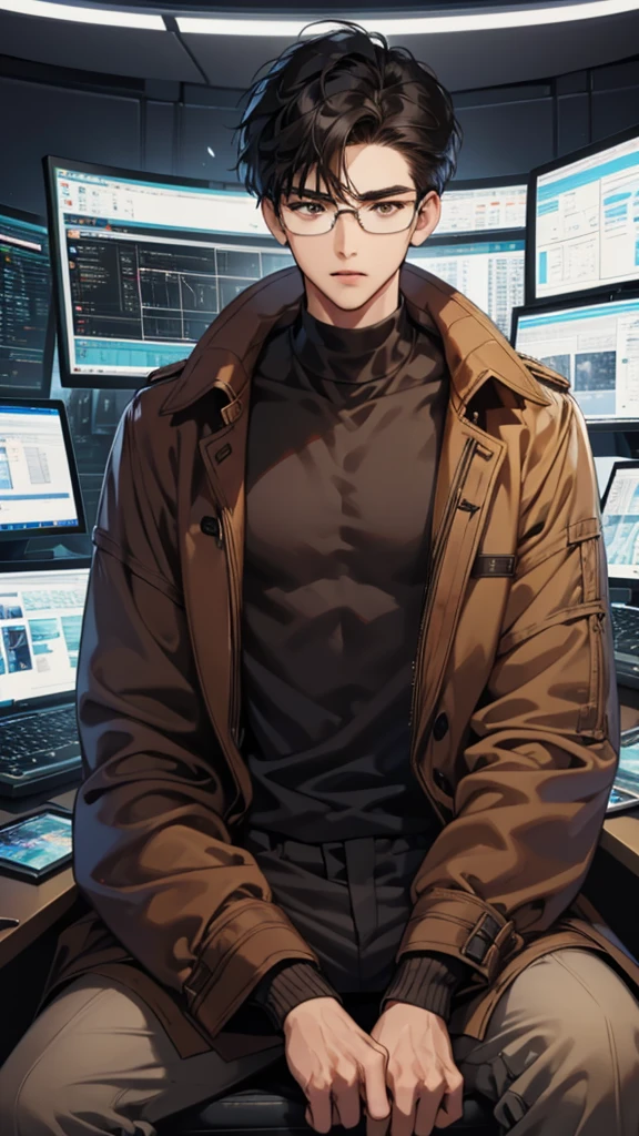 1 boy, Young Man, Eyes staring at the camera, Perfect Male Body, (Black Hair, Brown coat,Brown sweater, Glasses, Sit in front of your laptop),Computer screen, Control Room