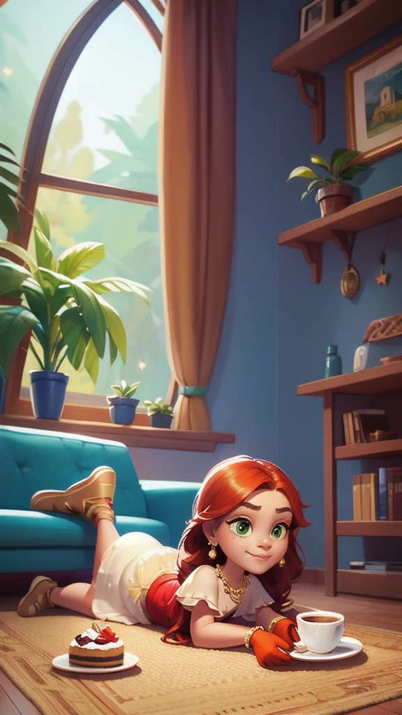 Concept Art,character illustration of a,European and American cartoons,（whole body：1.5），Mid-Long View，carpet，（Puppy lying on the floor），shoe，一个20岁的金发女生悠闲的sit在living room，Holding a cup of coffee，A laid-back expression，Relax，Leisure，European and American cartoons，1 Girl,freckle,Solitary,Jewelry,Green Eyes,Weaving,earrings,twin Weavings,necklace,Looking at the audience,Red hair,plant,Puff sleeves,bracelet,Smile,Long hair,puffy short sleeve,Necklace,dress，flower，Coffee cup，Gloves，earrings，Jewelry，肘部Gloves，cup，，sit，sofa，window，cake，小cake，sofa，living room，solo