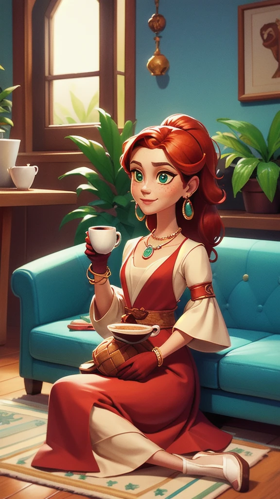 Concept Art,character illustration of a,European and American cartoons,(whole body:1.5),Mid-Long View,carpet,(Puppy lying on the floor),shoe,一个20岁的金发女生悠闲的sit在living room,Holding a cup of coffee,A laid-back expression,Relax,Leisure,European and American cartoons,1 Girl,freckle,Solitary,Jewelry,Green Eyes,Weaving,earrings,twin Weavings,necklace,Looking at the audience,Red hair,plant,Puff sleeves,bracelet,Smile,Long hair,puffy short sleeve,Necklace,dress,flower,Coffee cup,Gloves,earrings,Jewelry,肘部Gloves,cup,,sit,sofa,window,cake,小cake,sofa,living room,solo
