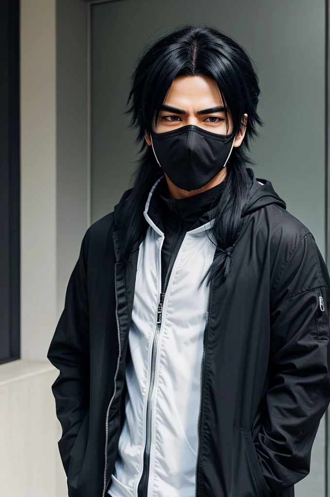 Create a anime character like Kakashi and he hide his face and look like a villain . He wear h mask and long hair