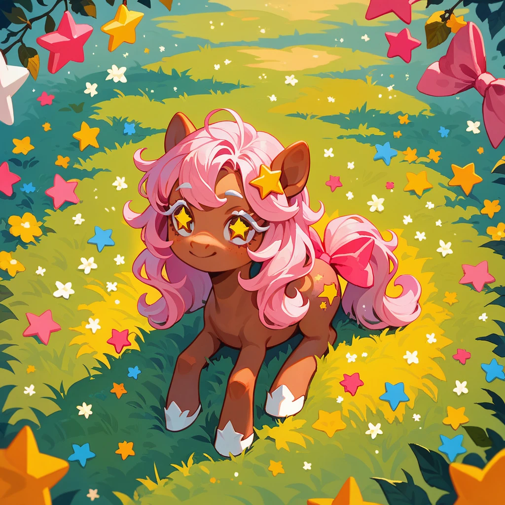 score_9, score_8_up, score_7_up, adorable pony, sitting on grass,long straight pink hair,star shaped mark, star shaped eyes, pink bow on hair,long hair,white eyelashes,brown skin