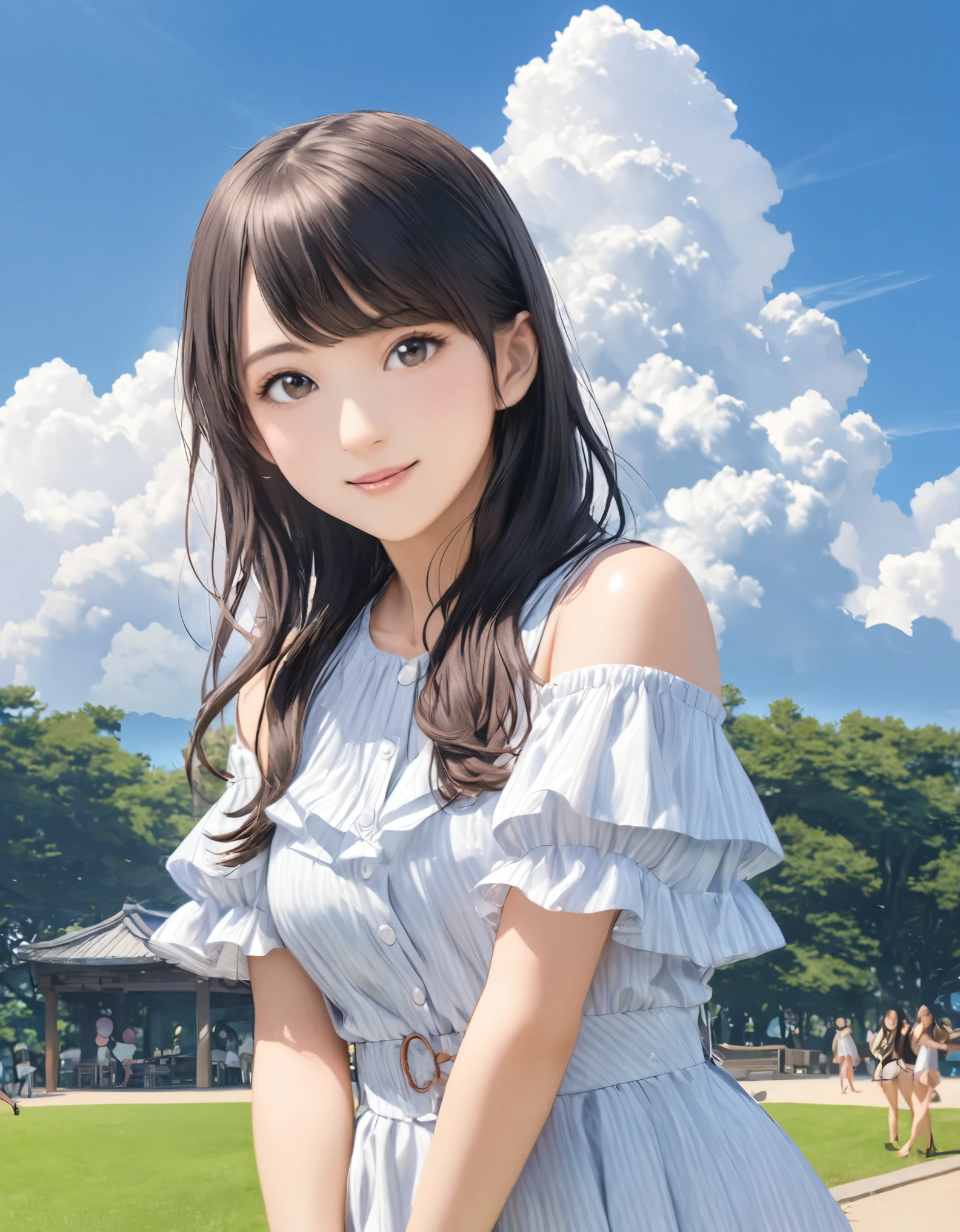 (best quality:1.2), 1girl, Ueno Park, Cumulonimbus, blouse, summer, cowboy shot, shoot from front