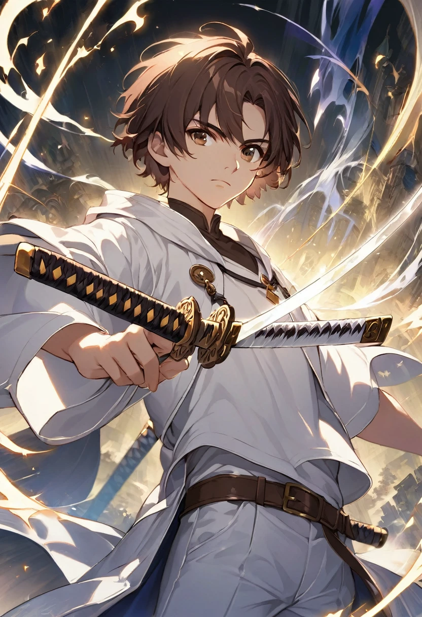 Man, teenager, brown eyes, brown hair, short hair, , white clothes, holding a katana sword, magic, sorcerer, magic world, high tech world