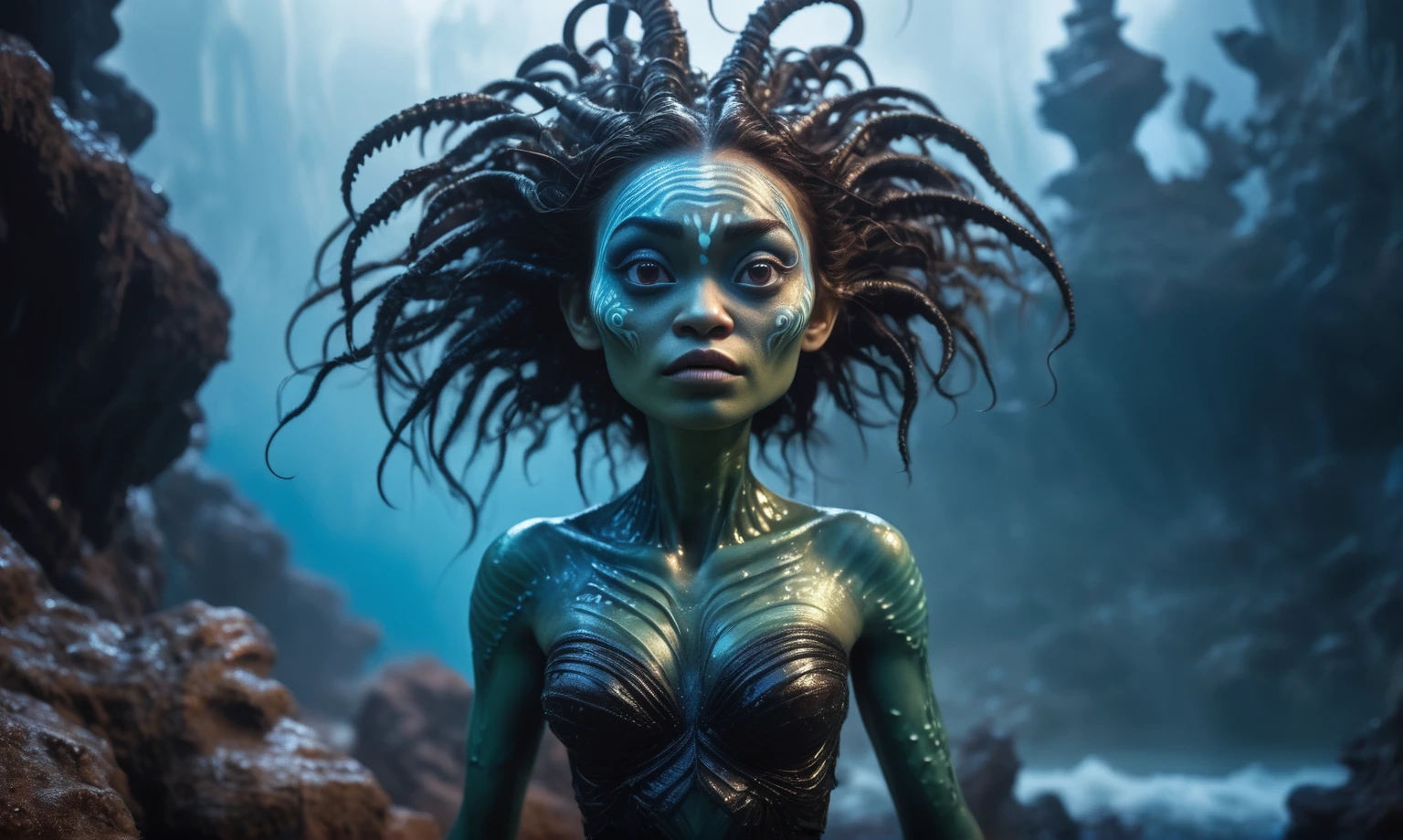 view from height,full-body-shot,obsidian The Alien Entity Moana, sassiness temper,natural jellyfish's skin textures, hyper realisitc, hyper detailed,Extremely detailed,High contrast, ,Realistic,Ultra Detailed,intricate details,realistic humid skin,extremely intricate,Epic Realistic, Romantic, cinematic style,irina yermolova, messy hair,extremely detailed, ,masterpiece,intricate details,faded,eyes extremely detailed, high detailed eyes,32k resolution, Nikon Z9,orc's village of fishers,National Forest Park,full body length,mother-of-marble,ominous landscape,floating islands on background in dangerous atmosphere,intricate details,realistic humid skin,extremely intricate details,anatomically correct,faded,eyes extremely detailed, high detailed eyes,UHD,Retina,HDR,natural skin textures, hyper realism, hyper detailed,High contrast,Realism,Ultra Detailed,irina yermolova,close full body shot, masterpiece,faded,32k resolution, Nikon Z9,sunset, a Tim Burton-inspired dreamscape,Bun Hair,(Folk clothes:1.5),full body length,niobium goblin,native africa xenomorph,once pretty face,eyebrow up,full body shot,ominous landscape,niobium gray atmosphere,photo,photorealism,Masterpiece,hyper natural skin textures, hyper realism,hyper detailed,High contrast,Realism,Ultra Detailed,irina yermolova,close full body shot,32K resolution,Nikon Z9, ,demonic, fog, smoke, audience, mist, featuring ultra-realistic and hyper-realistic elements, Marta Bevacqua, Ellen Jewett, Kawacy, Katsuya Terada, Carne Griffiths,concert lighting, bokeh, luminal space that feels both bright and surreal. Includes liquid fluid elements for added depth and movement. Rendered in an unreal engine and post-processed to achieve . Evokes a sense of dreamy, ethereal and mystical mood,horror pixar movie still,thriller disney movie ,pixar render, animated ,indoor psychiatric clinic