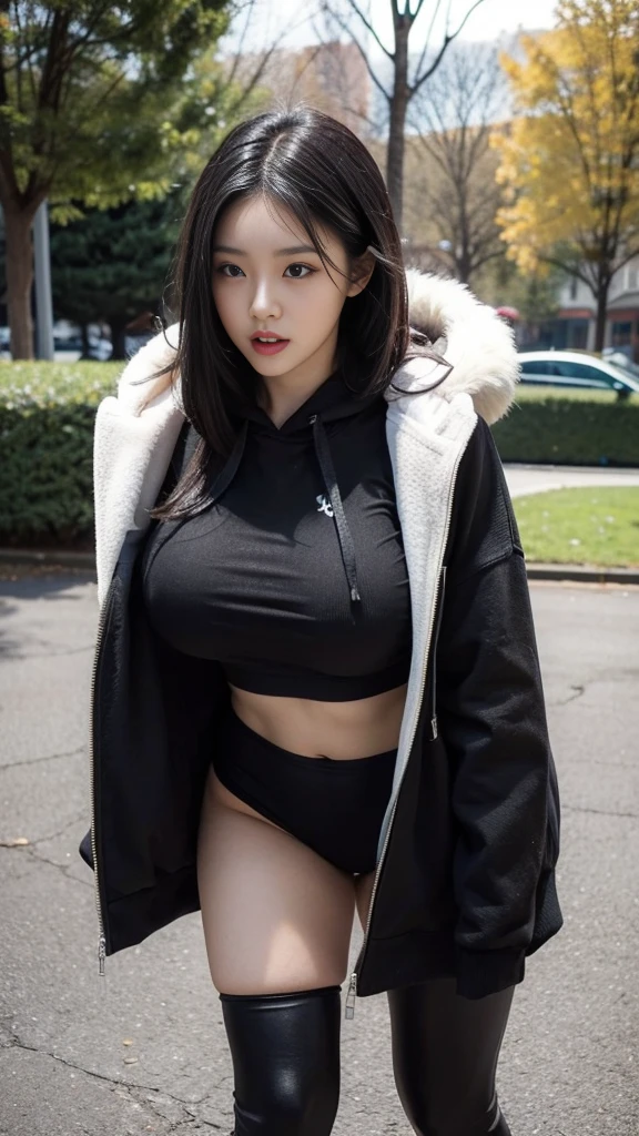 Beautiful girl black hair huge breasts wearing a bare-chested hoodie fur coat wearing a tight-fitting leggings sexy post in the park.