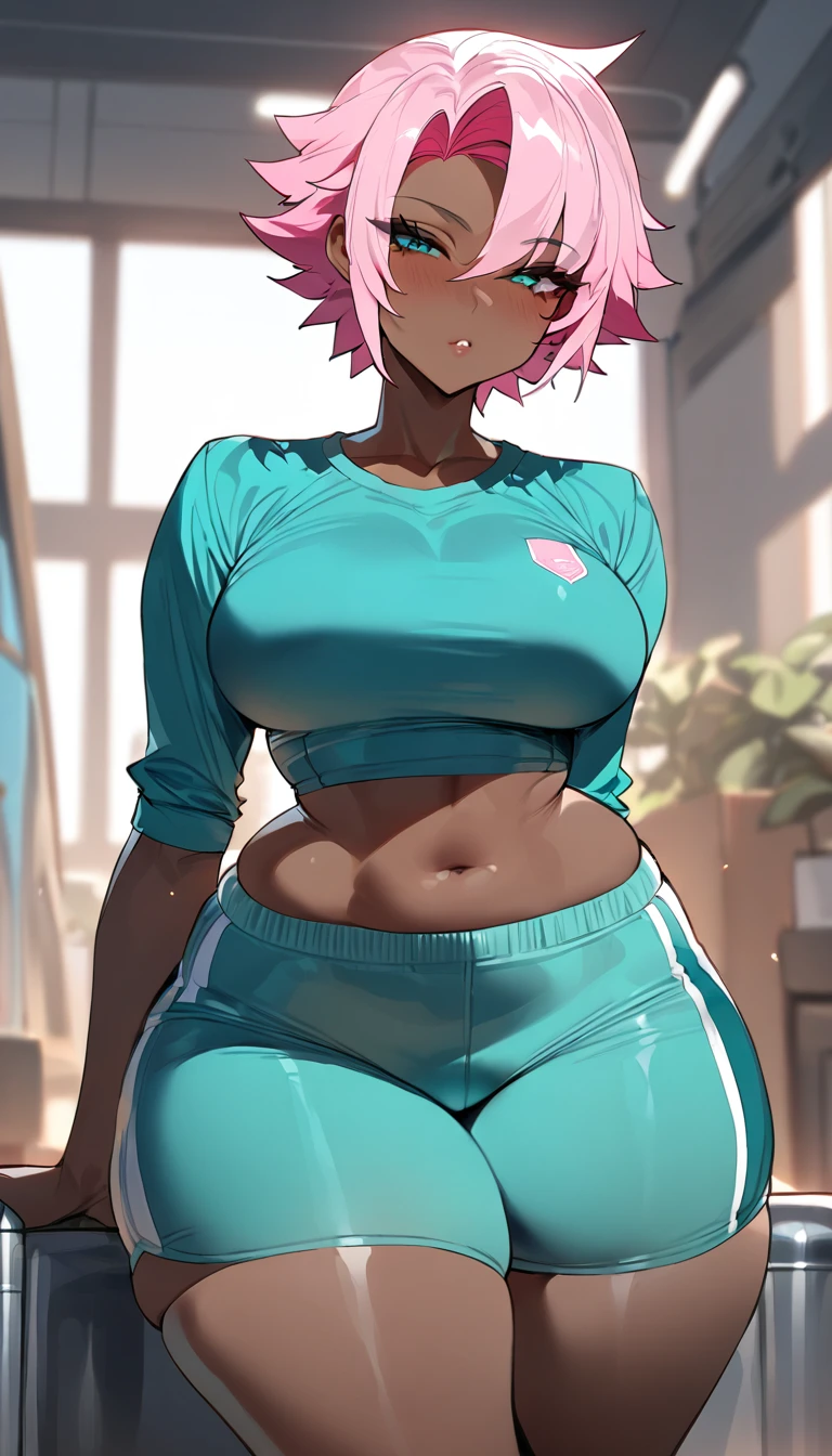 (best quality,masterpiece)  1girl, slim thicc, with round breasts, wide hips, thick thighs, dark blue hair, narrow waist, bright pink hair, short spiky hair, brown skin, ebony, shorts, teal eyes, teal shirt, completly pink hair, peppy