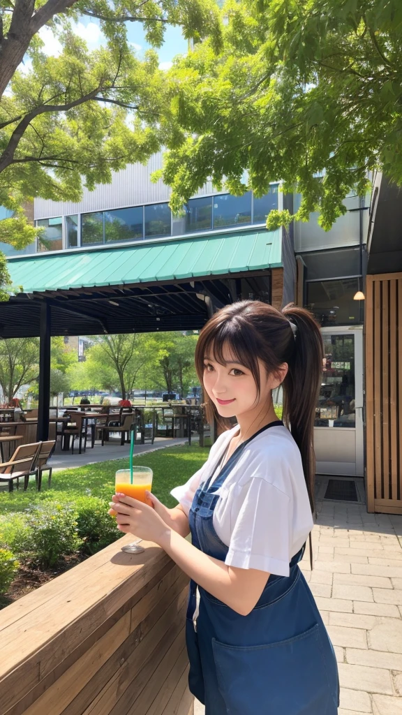  **background**：Urban park cafe、A space where nature and the city blend together  
   **woman**：Twin tails、スポーティなアスレジャーウェアを着たwomanが、Enjoying a healthy smoothie
