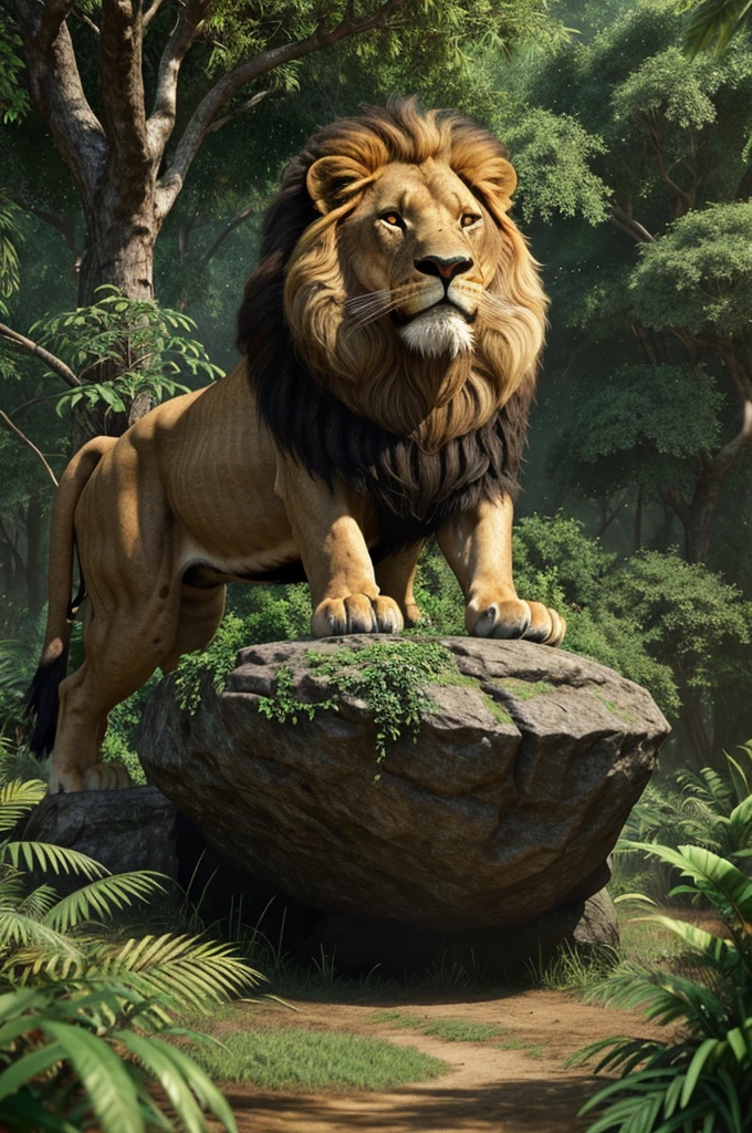 A dense jungle scene during the daytime, with a fierce-looking lion standing on a rock, roaring with its mouth wide open. Surrounding the lion, other animals like deer, rabbits, and birds are shown hiding behind trees and bushes, looking terrified.
3d animation style