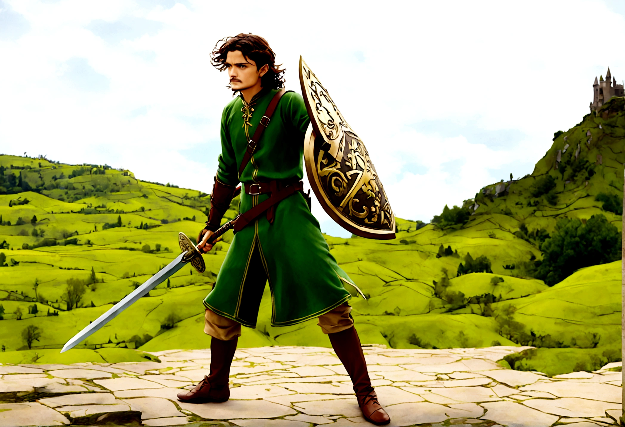 Orlando Bloom (2008, Link Costume, wooden sword, shield on back) heroic pose, monster in distance