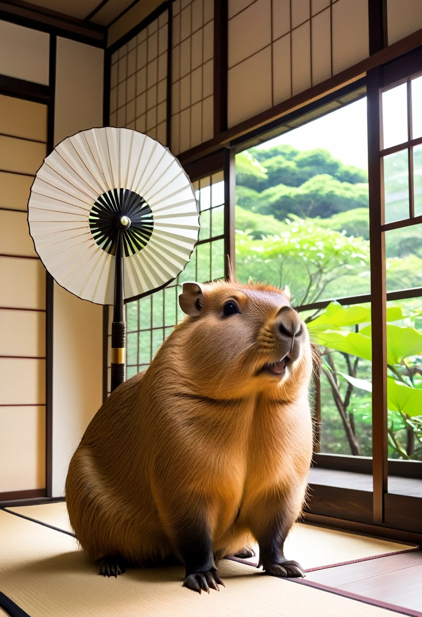 Capybara enjoying the breeze from a fan、Japanese-style room、