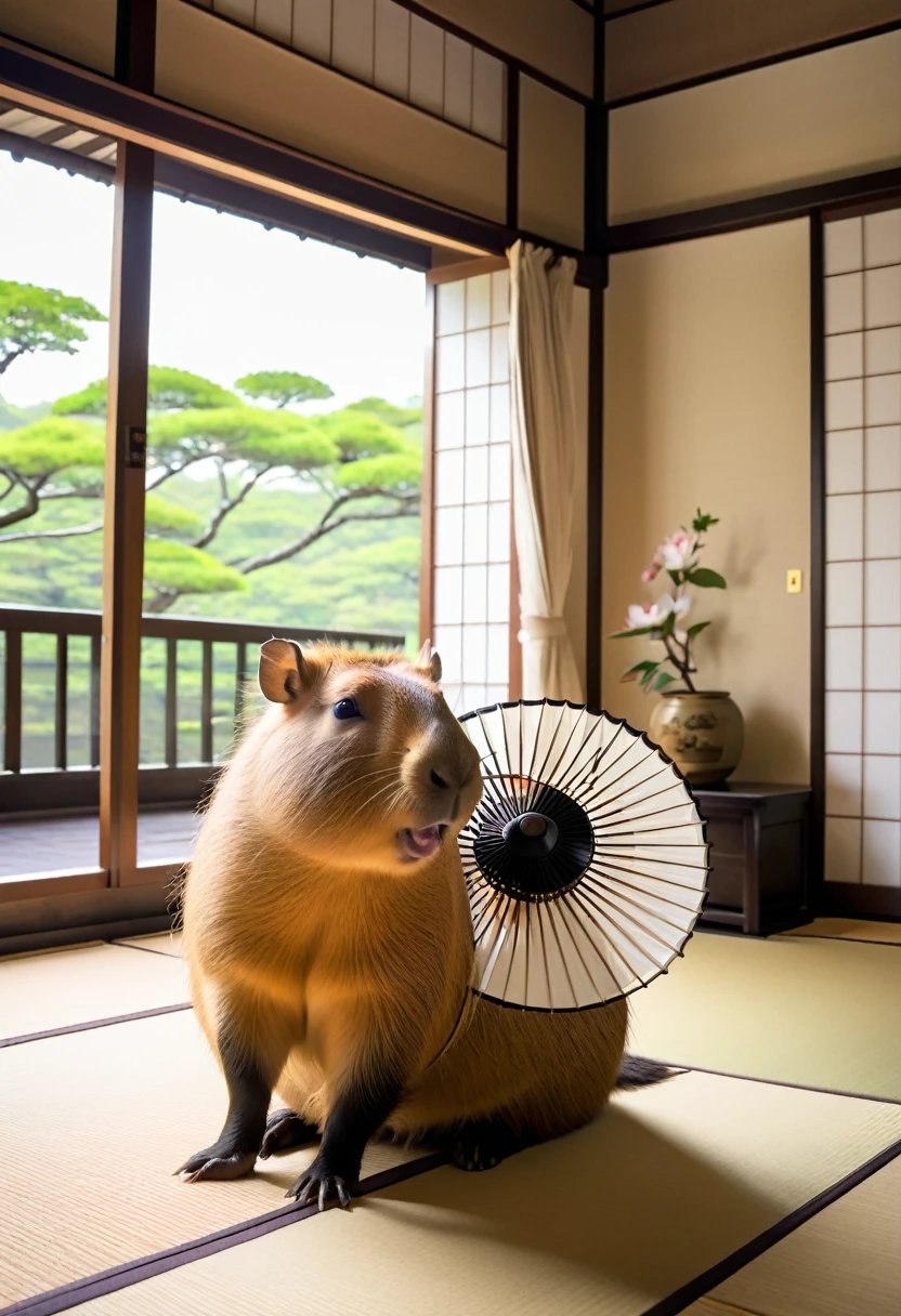 Capybara enjoying the breeze from a fan、Japanese-style room、