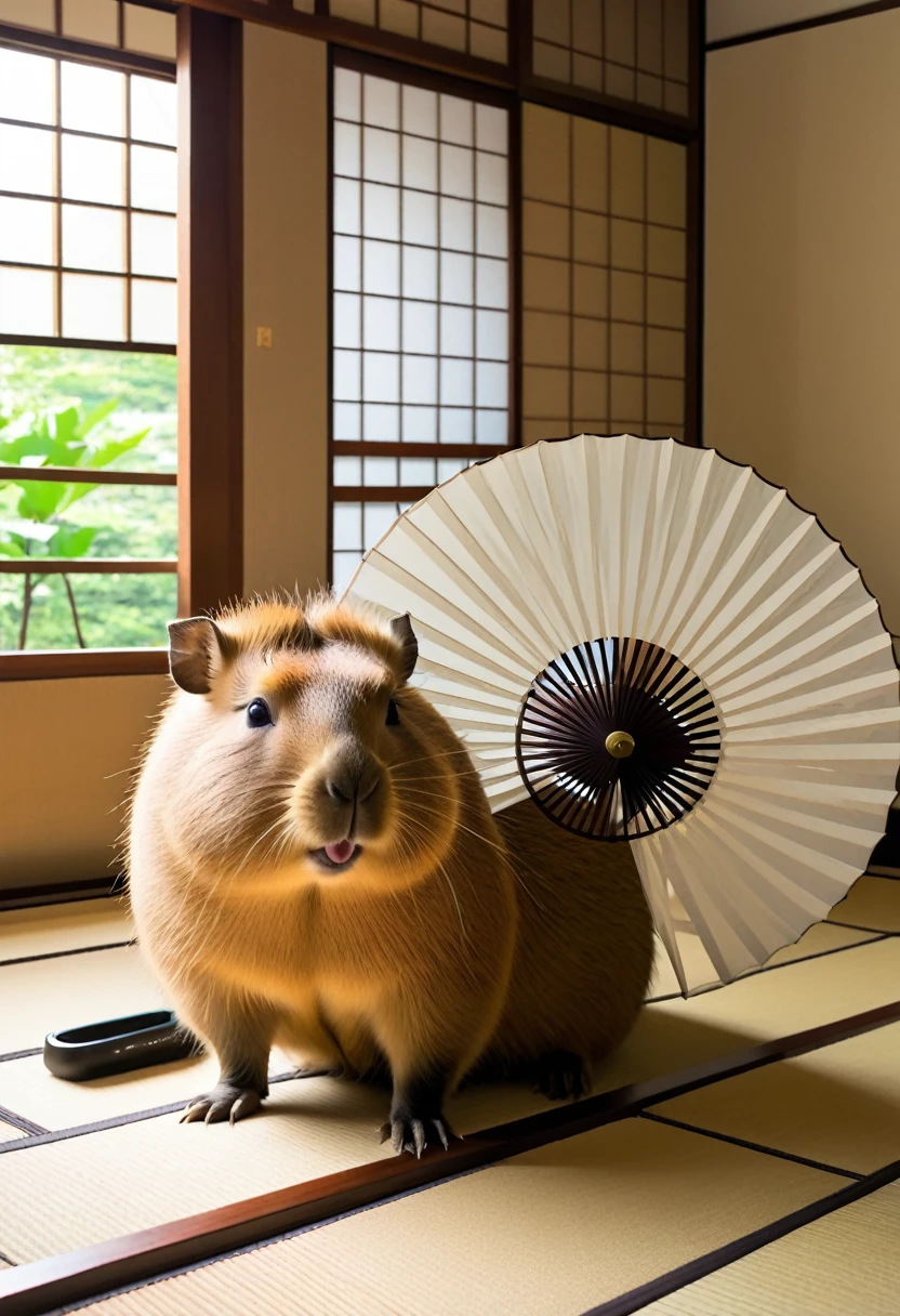 Capybara enjoying the breeze from a fan、Japanese-style room、