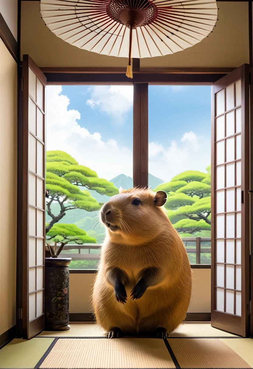 Capybara enjoying the breeze from a fan、Japanese-style room、