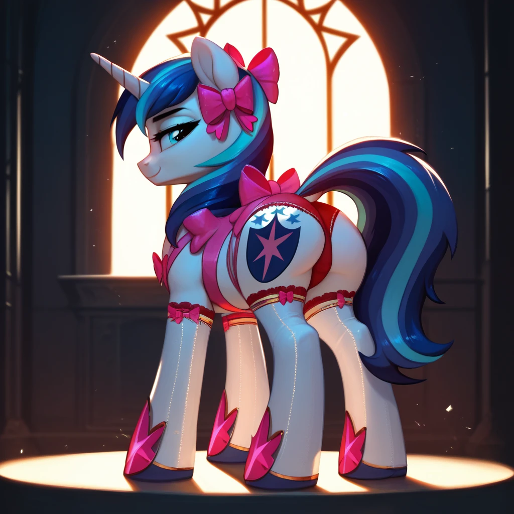 score_9,score_8_up,score_7_up,score_6_up, ((my little pony)), costume with bows, beautiful pony body, seductive perky big butt, behind view, ((shining armor)), radiant lighting, vibrant colors, whimsical atmosphere, 8K, high resolution, highly detailed, masterpiece, (pony breasts), stockings, panties