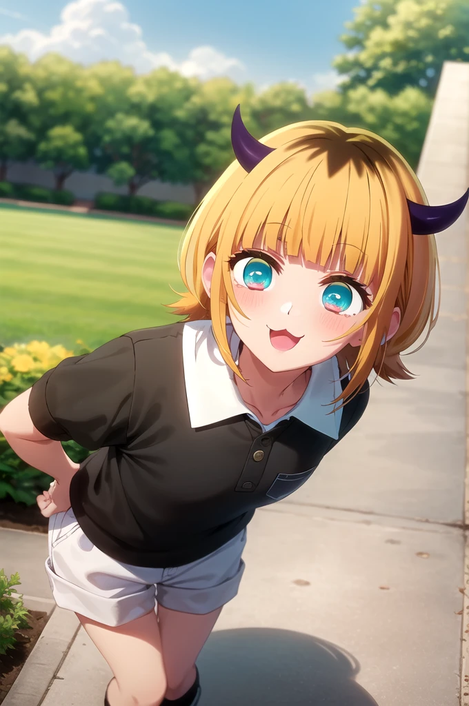 Highest quality, masterpiece, detailed, memcho, Open your mouth, A slight blush, :3, smile, short hair, Blonde, Multicolored Hair, Aqua Eye, Blunt bangs, horn, 
 
	比基尼
.Are standing, Looking at the audience, (Day:1.2), garden, Outdoor
