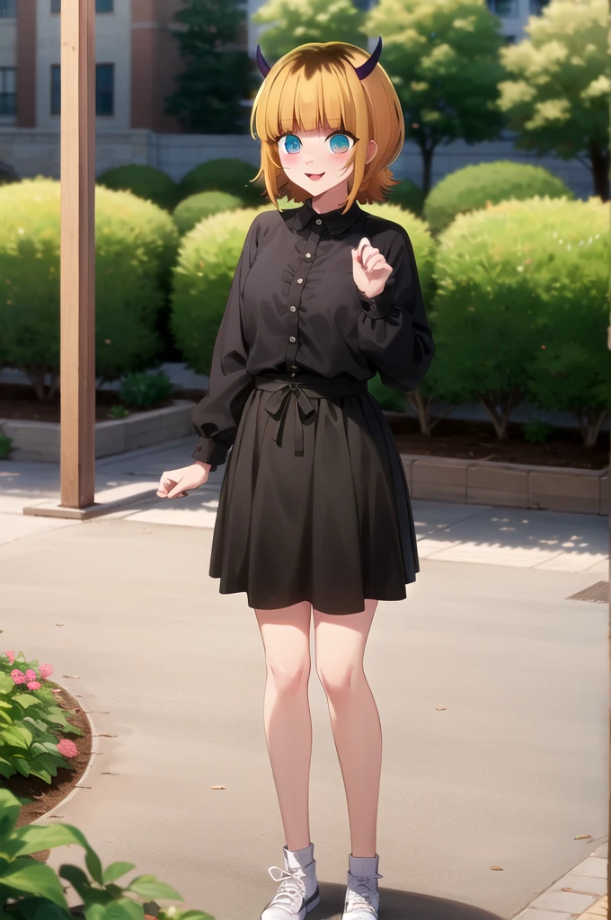 Highest quality, masterpiece, detailed, memcho, Open your mouth, A slight blush, :3, smile, short hair, Blonde, Multicolored Hair, Aqua Eye, Blunt bangs, horn,
比基尼
.Are standing, Looking at the audience, (Day:1.2), garden, Outdoor