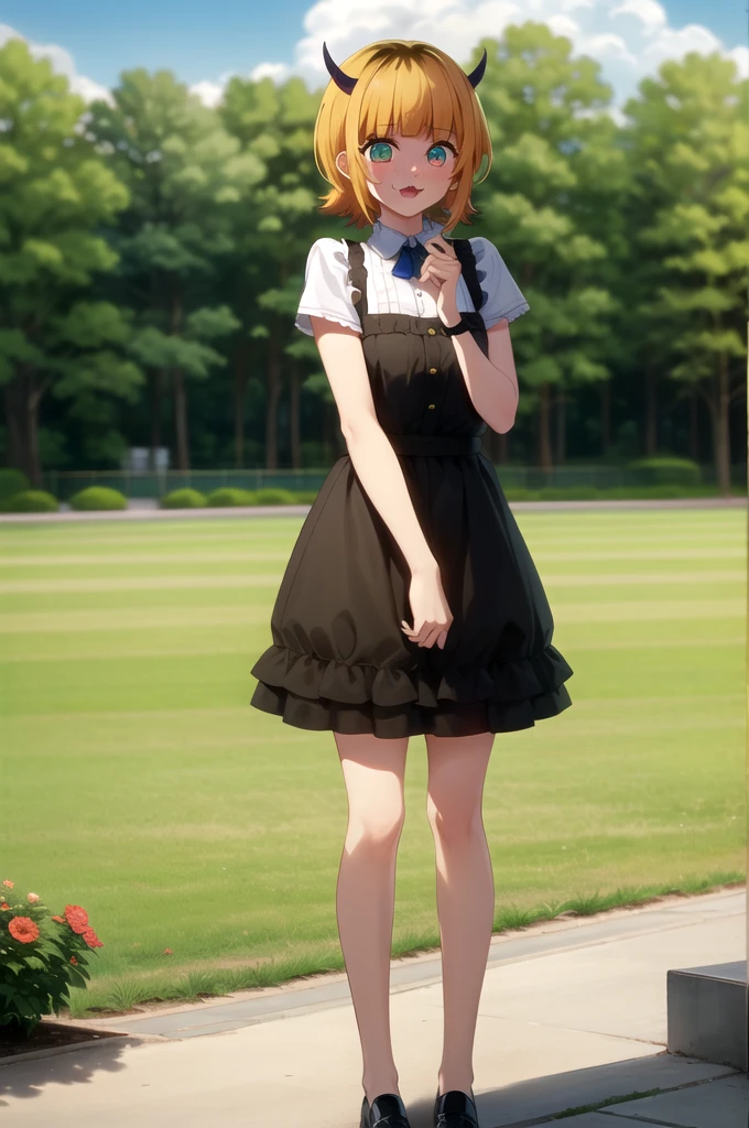 Highest quality, masterpiece, detailed, memcho, Open your mouth, A slight blush, :3, smile, short hair, Blonde, Multicolored Hair, Aqua Eye, Blunt bangs, horn, 
 
	
.Are standing, Looking at the audience, (Day:1.2), garden, Outdoor
